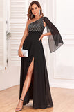 Sparkly um ombro vestido formal preto com lantejoulas