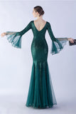 Dark Green Sequin Sequin V-neck mangas longas vestido formal sereia