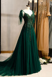 A-Line Espaghetti Correias Verde Escuro Vestido de Baile com Missangas