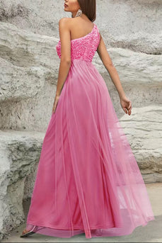 Sparkly One Shoulder Pink Prom Dress com lantejoulas