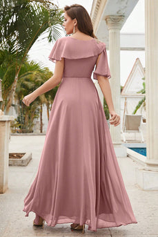 Dusty Rose A-line pescoço redondo Chiffon Long Prom Dress