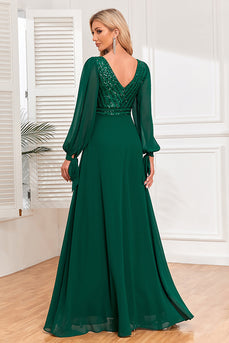 Verde escuro A-Line V pescoço longo vestido de baile com lantejoulas