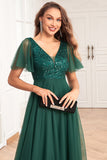 Verde escuro A-Line V Neck Tulle Prom Dress com Sequins