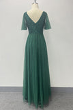 Verde escuro A-Line V Neck Tulle Prom Dress com Sequins
