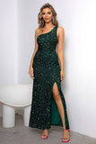 Sereia Verde Escuro Um Ombro Sequins Prom Dress com Fenda