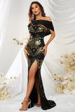 Ouro Preto Sereia Um Ombro Sequins Prom Dress com Fenda