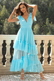 Sky Blue A-Line V Pescoço Tulle Prom Dress com Folhos
