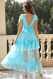 Sky Blue A-Line V Pescoço Tulle Prom Dress com Folhos