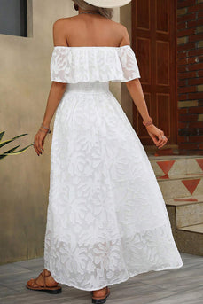 Branco A-Line fora do ombro vestido de verão com fenda