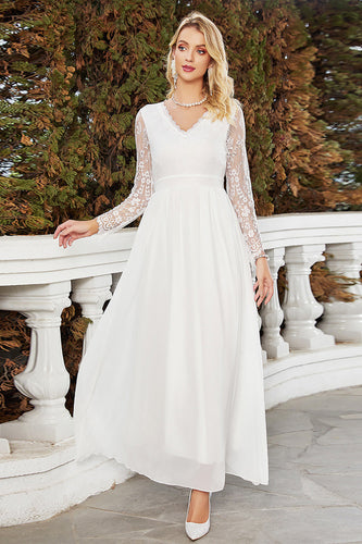 Branco A-Line V-Neck Chiffon vestido de noiva com mangas compridas