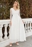 Branco A-Line V-Neck Chiffon vestido de noiva com mangas compridas