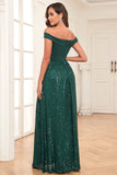 Verde escuro A-Line fora do ombro Sequins Long Prom Dress
