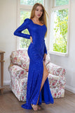 Sereia brilhante mangas longas vestido de baile azul real com fenda