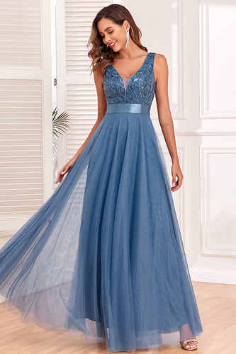A-Line V-Neck Vestido Azul Prom