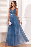 A-Line V-Neck Vestido Azul Prom