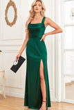 Sereia Verde Escuro Cetim Long Prom Dress com Fenda