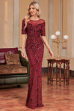 Borgonha Sereia Pescoço Redondo Sequins Long Prom Dress