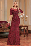 Borgonha Sereia Pescoço Redondo Sequins Long Prom Dress