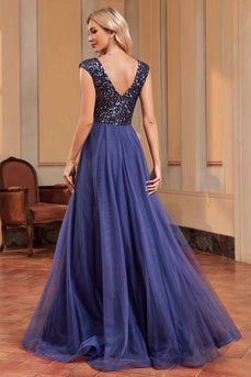 Brilhante A-Line Cinza Azul V Pescoço Long Prom Dress