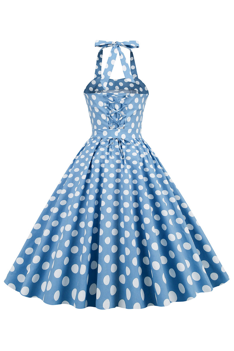 Carregar imagem no visualizador da galeria, Halter Blue Polka Dots 1950s Dress
