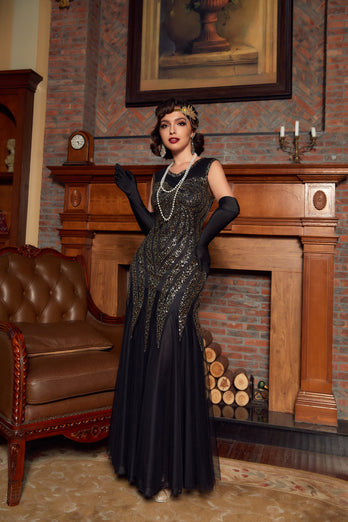 Vestido de lantejoulas douradas pretas longas dos anos 20