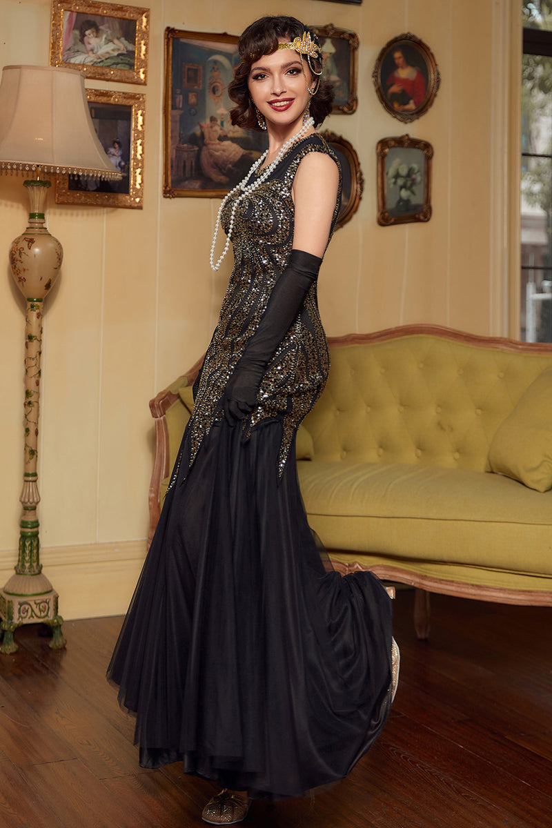 Carregar imagem no visualizador da galeria, Vestido de lantejoulas douradas pretas longas dos anos 20