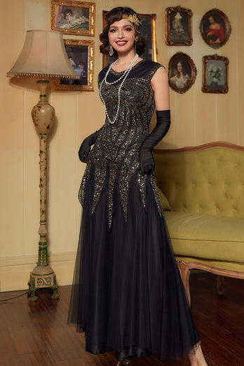 Vestido de lantejoulas douradas pretas longas dos anos 20