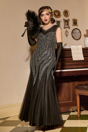 Vestido de lantejoulas de prata preta longo dos anos 1920