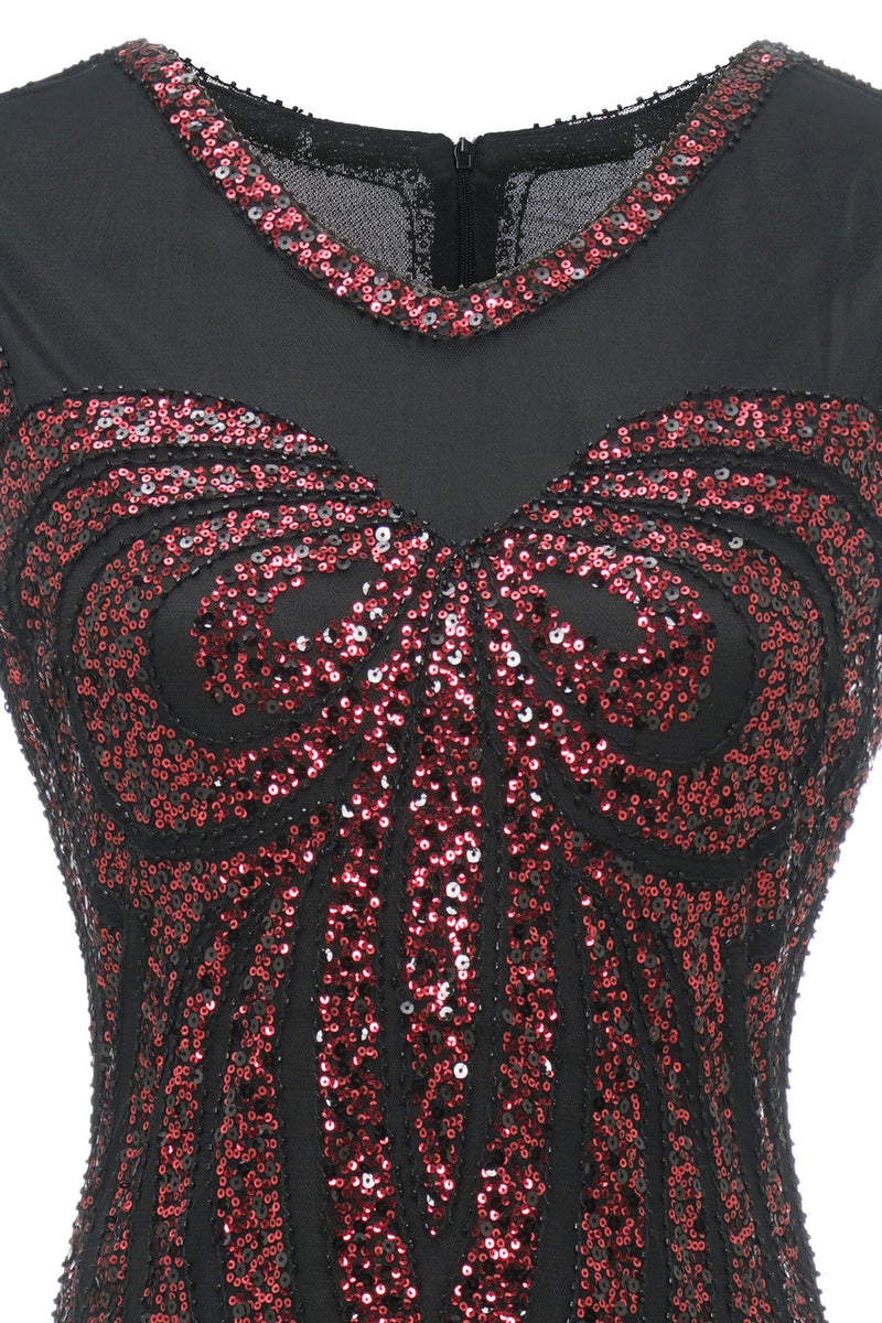 Carregar imagem no visualizador da galeria, Vestido de lantejoulas vermelhas pretas longas dos anos 20
