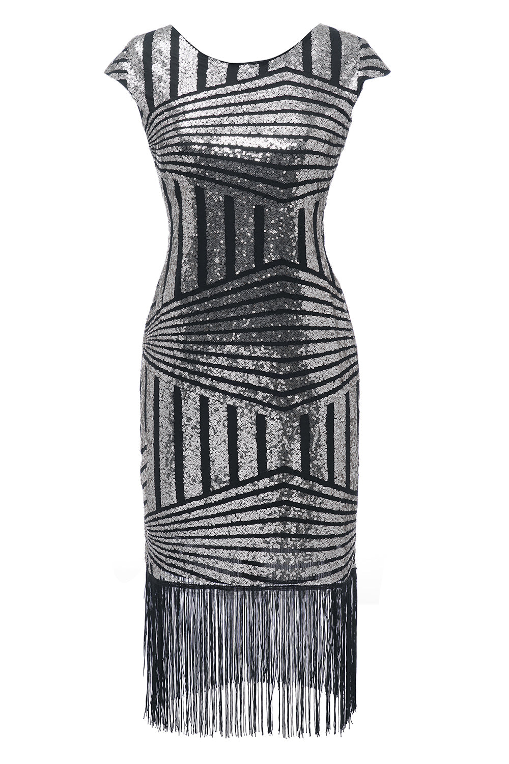 Vestido de flapper de pescoço redondo de prata de 1920