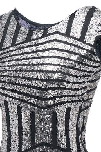 Vestido de flapper de pescoço redondo de prata de 1920