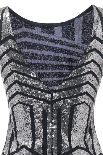 Vestido de flapper de pescoço redondo de prata de 1920