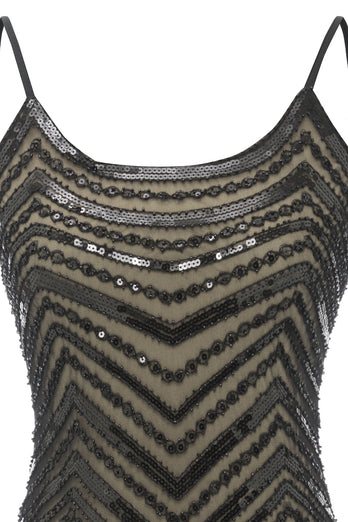 Spaghetti Tiras Preto Damasco 1920 Vestido