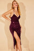 Carregar imagem no visualizador da galeria, Vestido de cocktail de lantejoulas borgonha com fenda