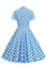 Carregar imagem no visualizador da galeria, Vestido Vintage Pontos de Polka Mangas Curtas Azul