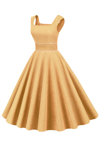 Vestido amarelo do pescoço quadrado de 1950