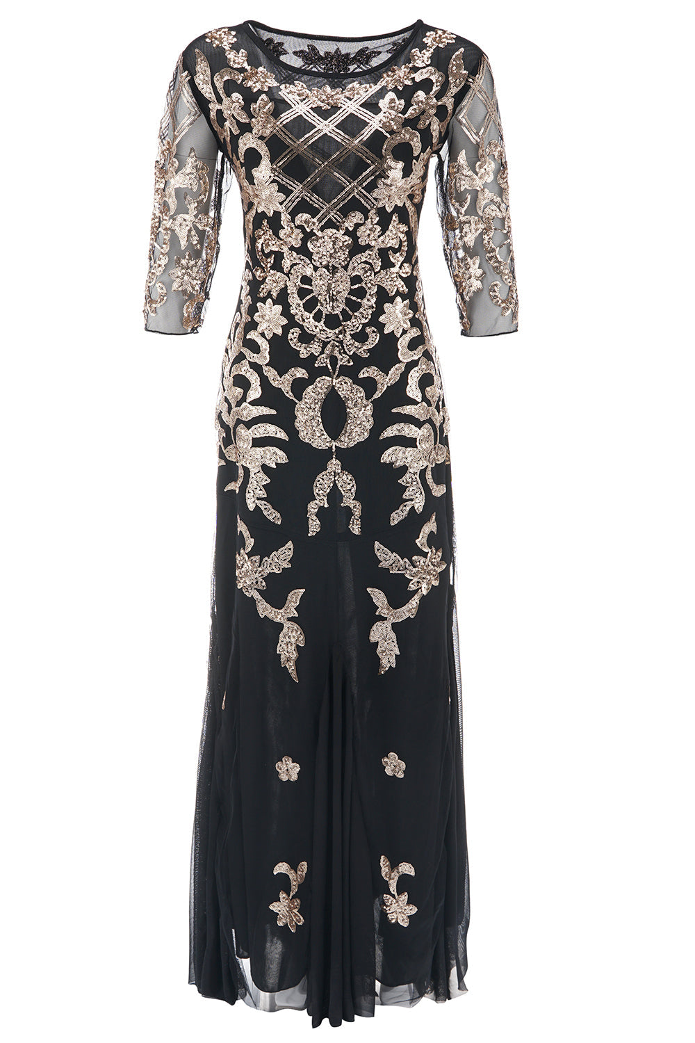 Vestido preto de lantejoulas douradas de 1920