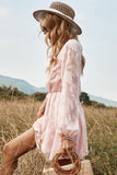 Vestido casual de verão de mangas compridas cor-de-rosa