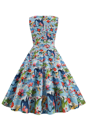 Vestido floral azul claro dos anos 50