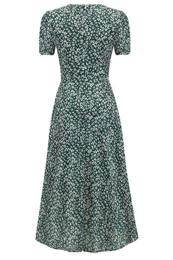 V Pescoço Floral 1950s Vintage Dress