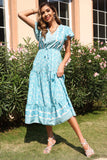 V Pescoço Vestido de verão Azul com Mangas Curtas