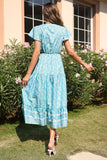 V Pescoço Vestido de verão Azul com Mangas Curtas