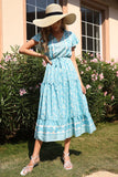 V Pescoço Vestido de verão Azul com Mangas Curtas