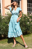 V Pescoço Vestido de verão Azul com Mangas Curtas
