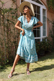V Pescoço Vestido de verão Azul com Mangas Curtas