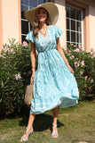 V Pescoço Vestido de verão Azul com Mangas Curtas