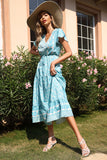 V Pescoço Vestido de verão Azul com Mangas Curtas