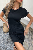 Vestido de verão preto de pescoço redondo de bainha redonda