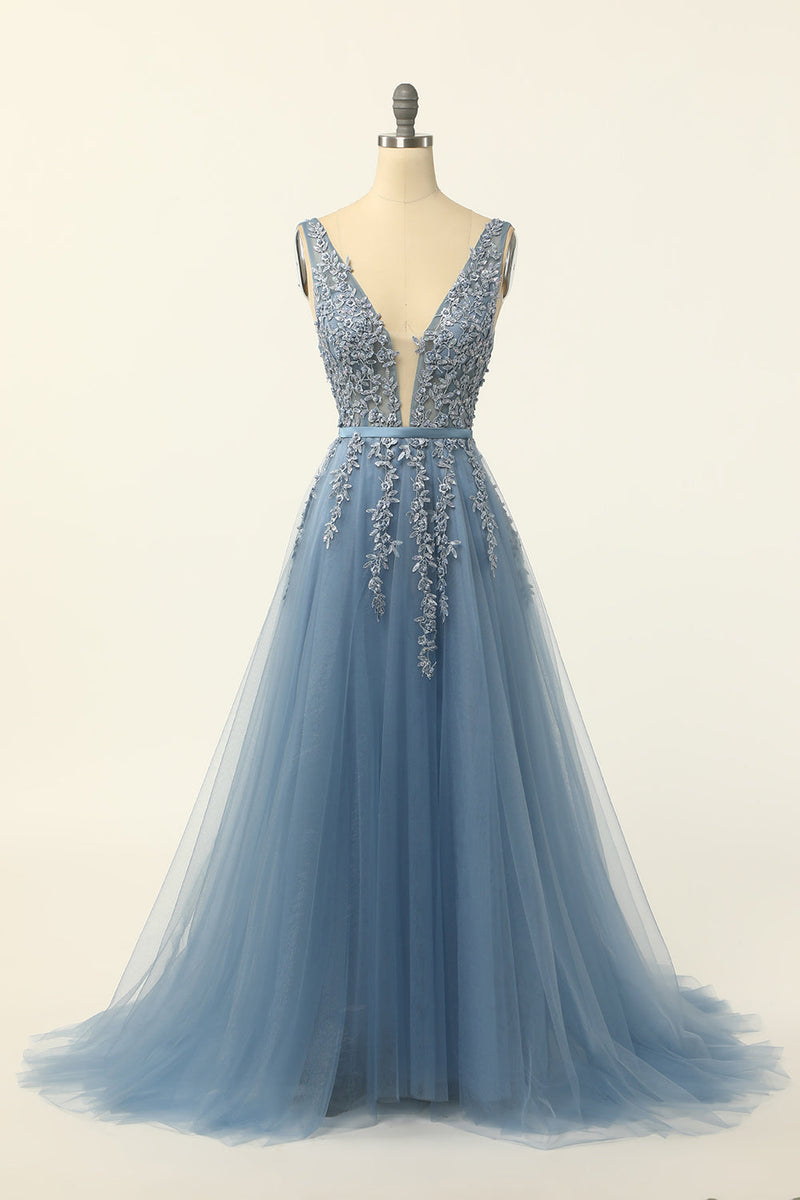 Carregar imagem no visualizador da galeria, Vestido de baile de tulle azul com apliques