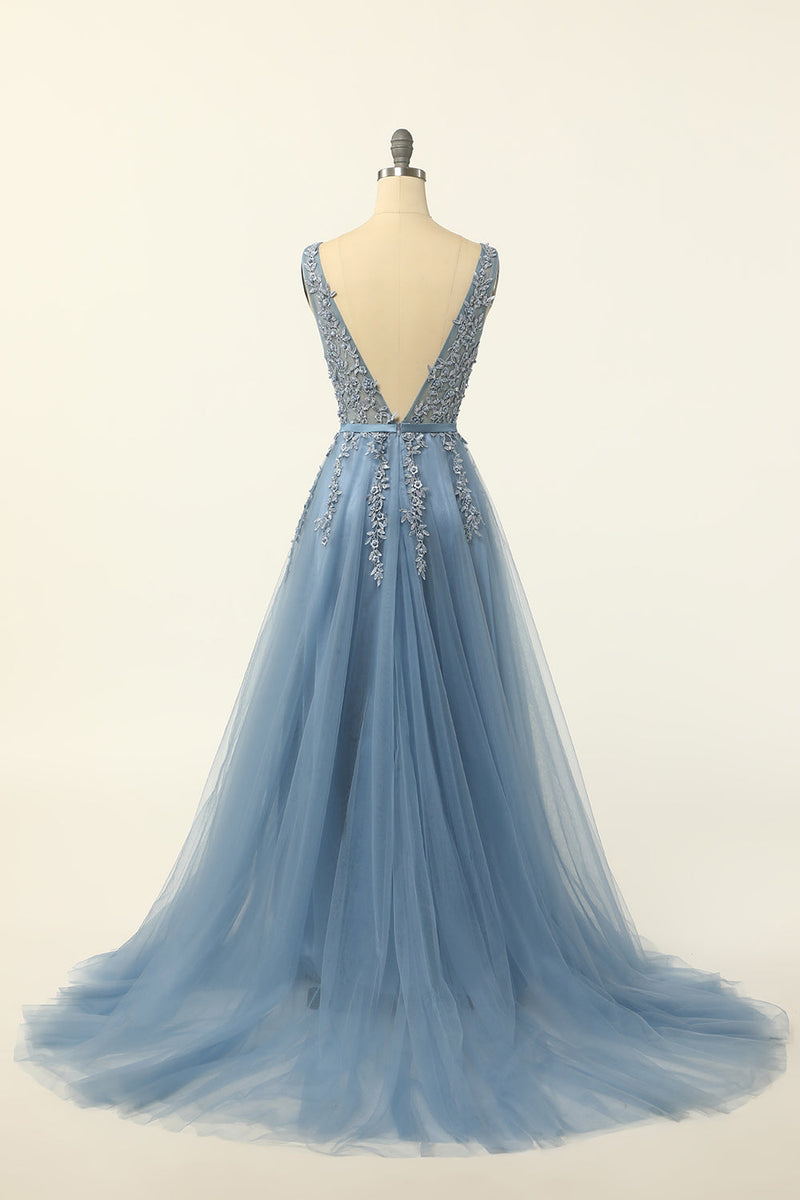 Carregar imagem no visualizador da galeria, Vestido de baile de tulle azul com apliques